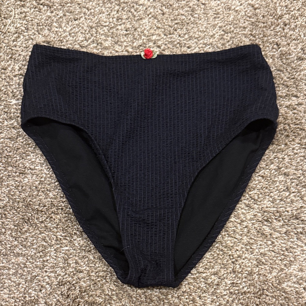 Betsey Johnson High Waisted Black Bikini Bottom with Red Rose